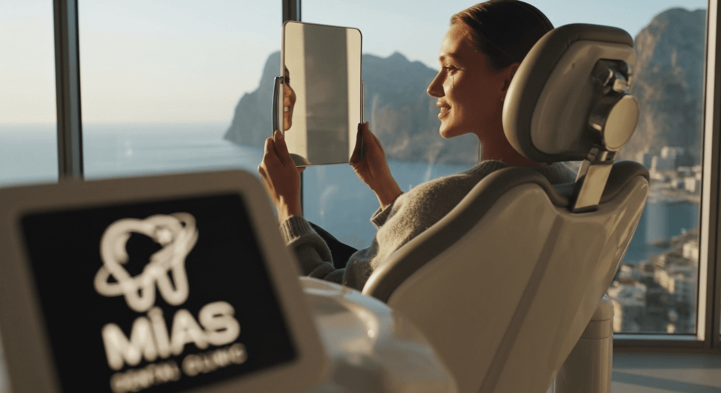 Lüks diş kliniğinde aynada gülümseyen mutlu hasta, beyaz ve estetik dişleriyle.